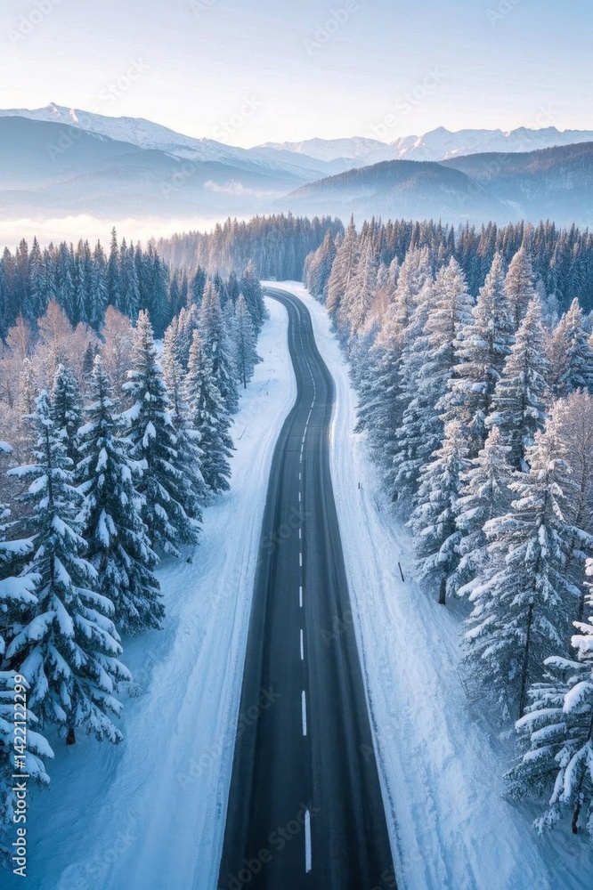 a view of a road in the middle of a snowy forest a view of a road in the middle of a snowy forest