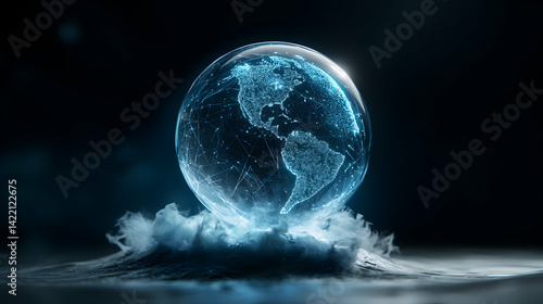 A digital globe floats above ethereal water. It depicts the world's networks. It can be used to visualize global data or promote technology services.