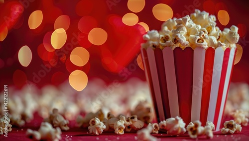 Popcorn in a Red and White Striped Bucket against a Blurred Cinema Background