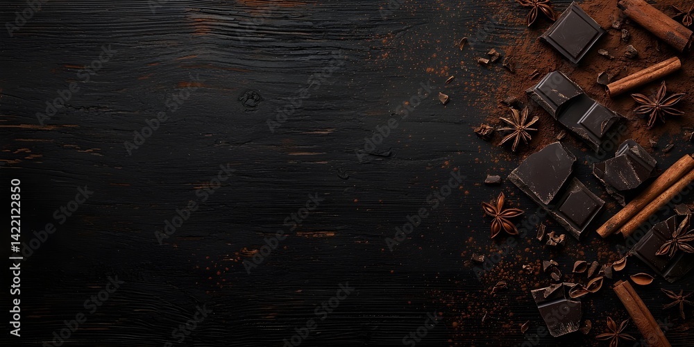Dark Chocolate Bar with Cocoa Powder and Spices on Wooden Background – Gourmet Dessert Flat Lay with Anise, Cinnamon, and Rustic Texture – Top View Food Background for Chocolate Lovers
Dark Chocolate Bar with Cocoa Powder and Spices on Wooden Background – Gourmet Dessert Flat Lay with Anise, Cinnamon, and Rustic Texture – Top View Food Background for Chocolate Lovers