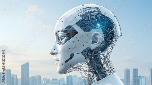 A futuristic AI robot head against a cityscape suggesting technology and advanced intelligence. It could be used in tech presentations or futuristic content.