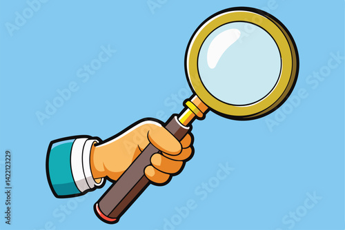 hand holding a magnifying glass. Stock vector.