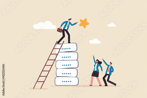 Communication for success, effective meeting or discussion to get solution and achieve target, meeting or conversation to reach goal concept, businessman climb up conversation bubble to reach star.