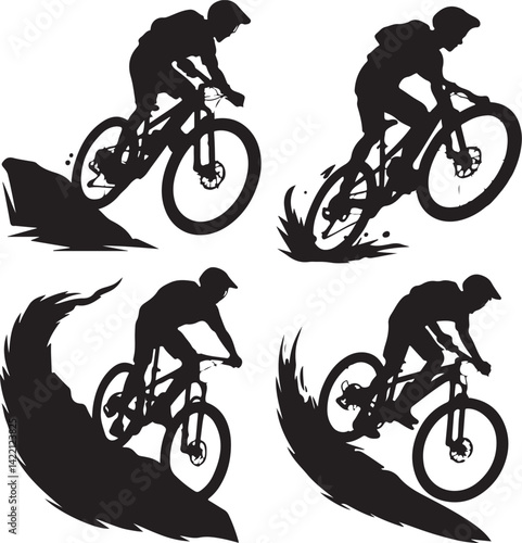 Four Silhouettes of Mountain Bikers in Action