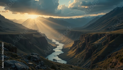 Serene Mountain Valley at Sunrise with Dramatic Light Rays