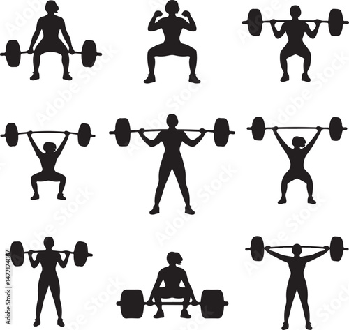 Nine Silhouettes of Female Weightlifters in Various Poses