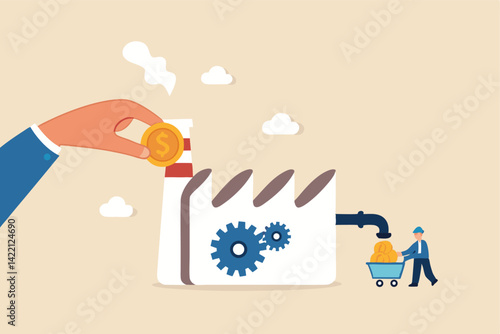 Manufacturing or production to earn profit, industry or factory, make money machine or manufacture concept, businessman put money into factory to earn more profit from production.