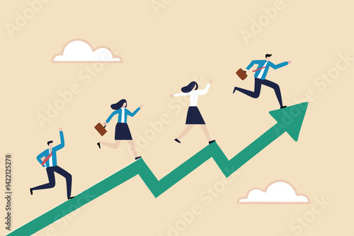 Performance management, employee rating appraisal or review, career growth or plan for improvement, career development concept, businessman and woman employees running up performance graph and chart.