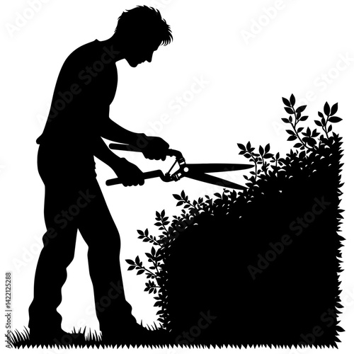 Silhouette of a gardener trimming bushes in a garden  