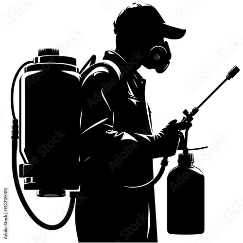 Pest control worker spraying pesticide in silhouette  