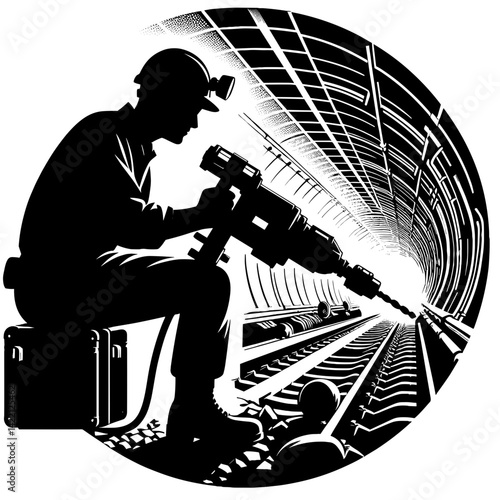 Construction worker drilling in a tunnel silhouette  