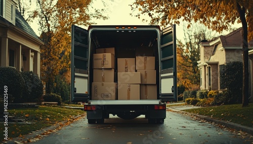 Autumn House Moving Scene: Truck Loaded with Boxes