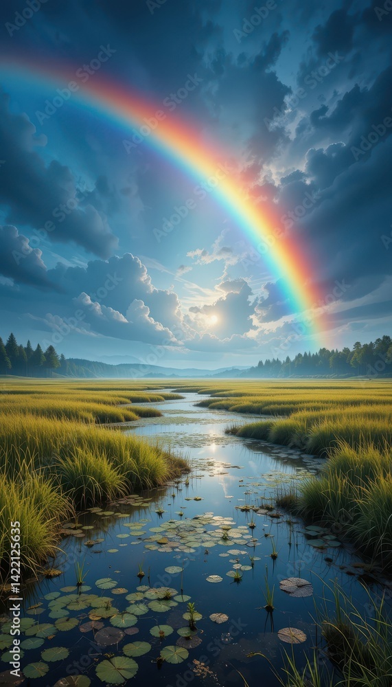 Serene Landscape with Rainbow Over Water and Lush Green Grass Serene Landscape with Rainbow Over Water and Lush Green Grass