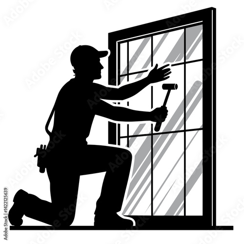 Worker repairing window silhouette  
