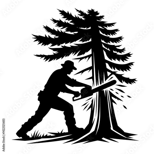 Lumberjack cutting down a tree in a forest silhouette  