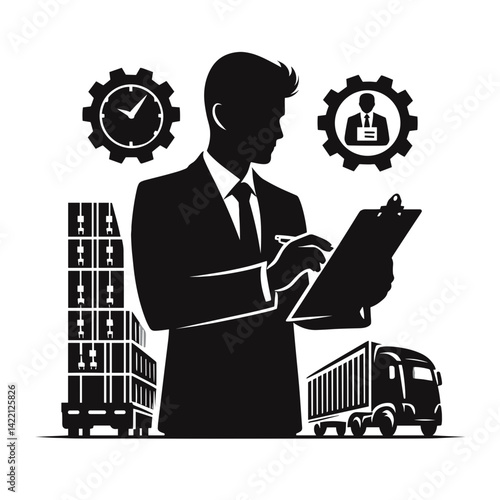 Businessman managing logistics with clipboard against shipping background  