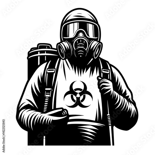 Hazardous Material Worker in Protective Gear Holding a Sign  