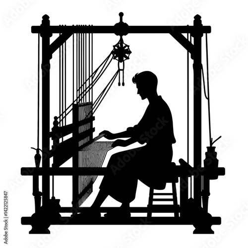 Weaver at Work Silhouetted Against Loom Background  