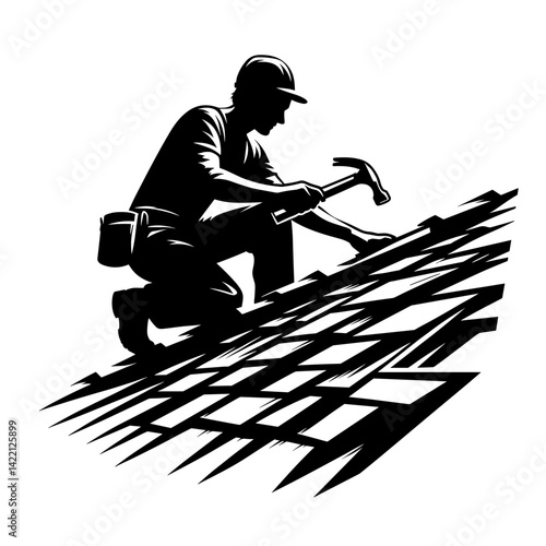 Roofer working on a rooftop with a hammer in a silhouette style  