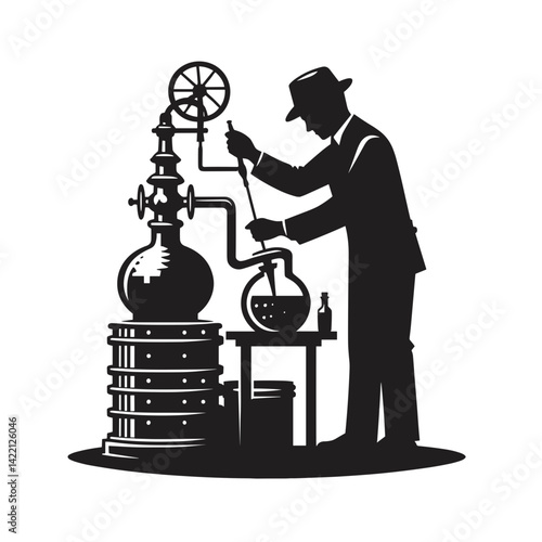 Scientist performing experiments with distillation apparatus  