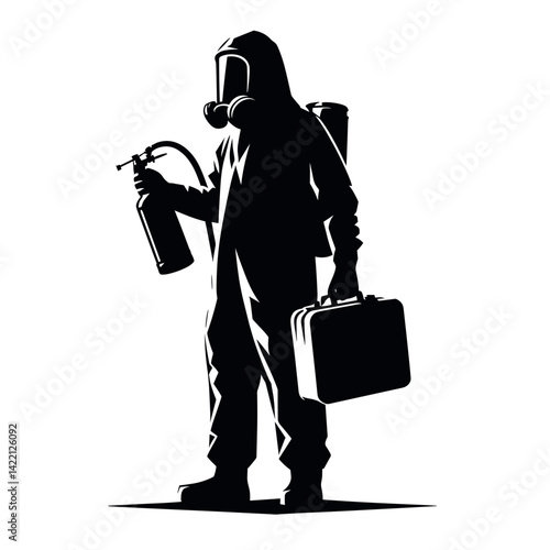 Firefighter in protective gear holding an extinguisher and case  