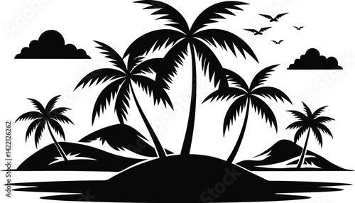 Minimalist Black & White Palm Tree Island Vector – Tropical Silhouette Art