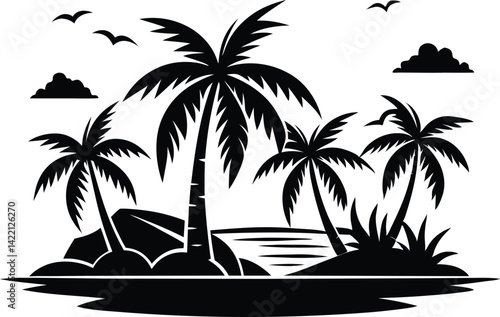 Minimalist Black & White Palm Tree Island Vector – Tropical Silhouette Art