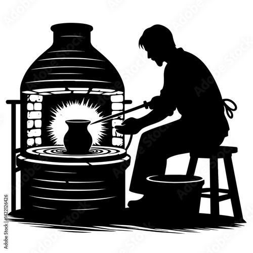 Silhouette of a potter shaping clay against a glowing furnace  