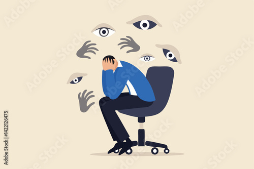 Paranoia, fear and panic cause by mental health, phobia or disorder from mental disorder, depression from stress and anxiety concept, paranoia businessman sitting on a chair with creepy hand and eyes.