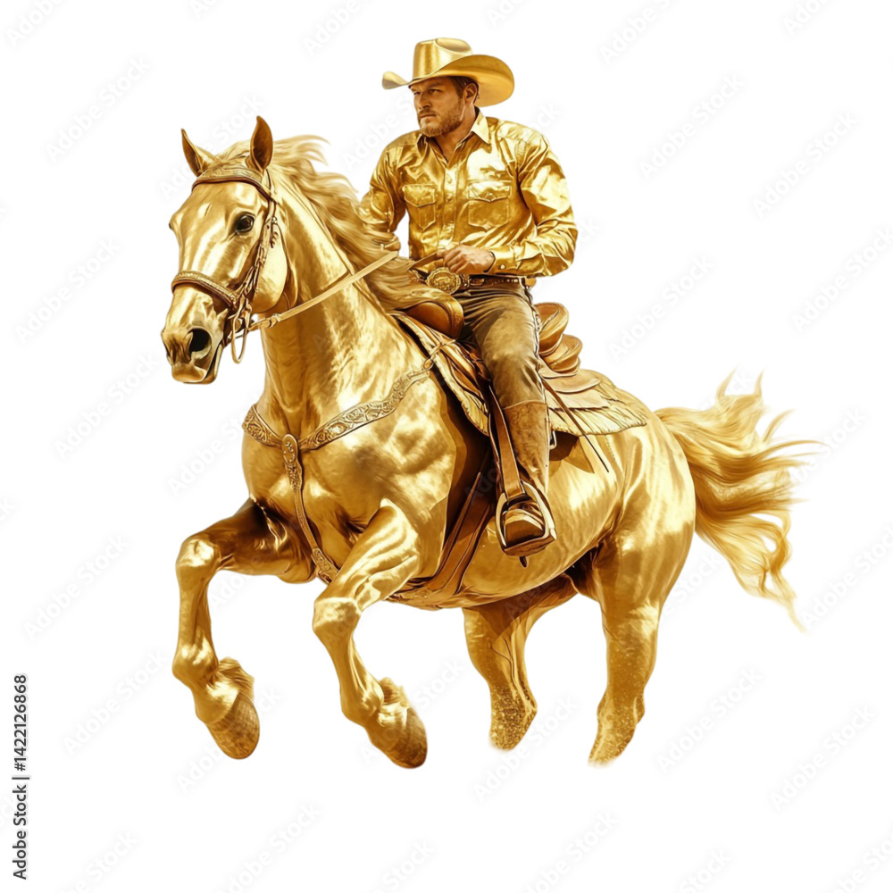 Fototapeta premium Golden cowboy riding a golden horse galloping fast
