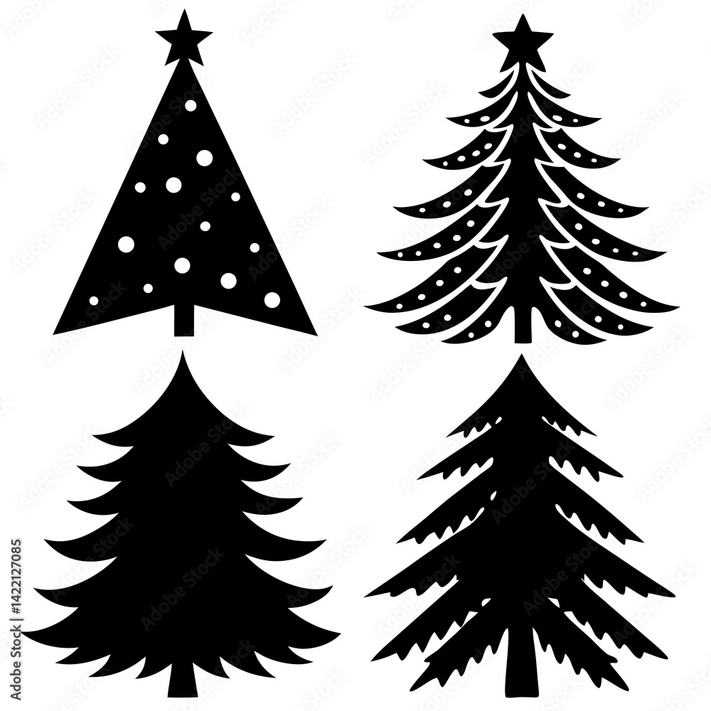 Obraz premium Elegant silhouette vector set of Christmas essentials including tree ornaments, snowflakes, and stars for festive creativity.