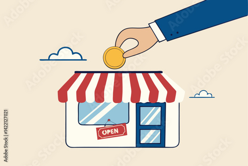 Funding small business, backing startup project or banking loan to start new business, investment or saving to open new shop concept, businessman hand funding by put coin into small business store.