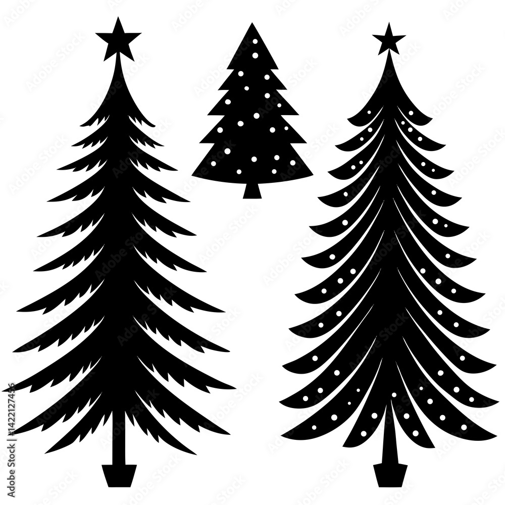 Fototapeta premium Vector collection of essential Christmas elements—mistletoe, candles, gift tags, and stars in clean silhouette style.