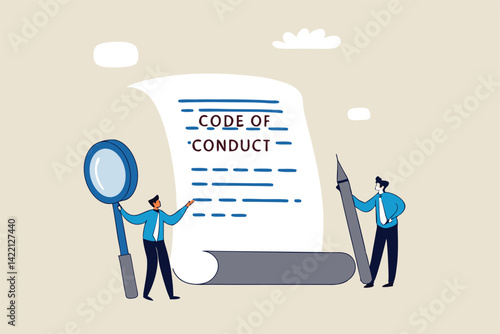 Code of conduct, ethical policy or rules, regulation or principles guideline for work responsibility, compliance document or company standard concept, businessman writing code of conduct document.