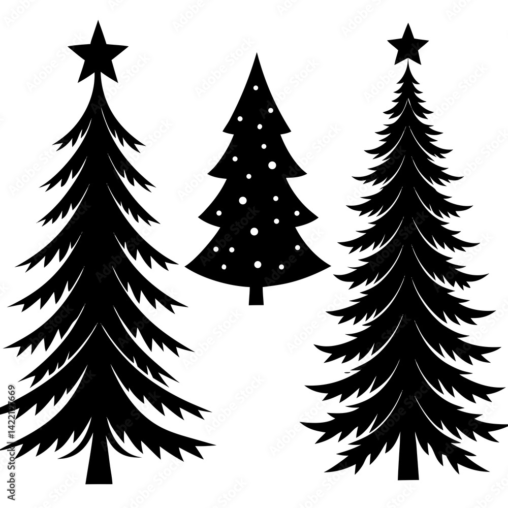 Obraz premium Collection of Christmas element silhouettes featuring trees, bells, stars, and ornaments. Perfect for t-shirts, posters, cards, and festive printables.