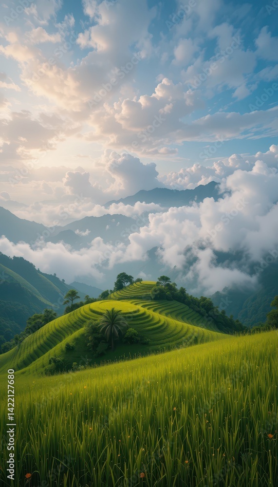 Fototapeta premium Serene Rice Terraces Under Dramatic Clouds in Lush Mountainscape