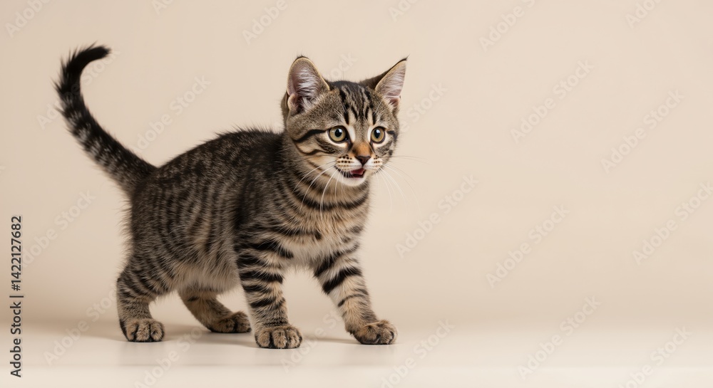 Obraz premium Playful kitten exploring against a soft beige background 