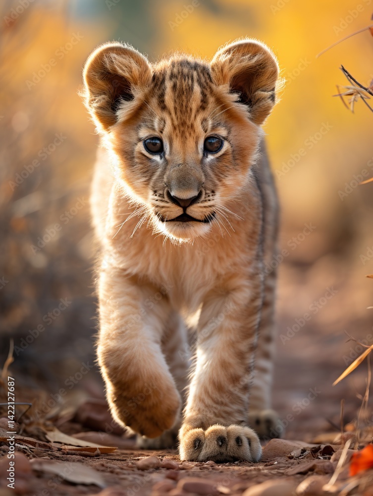 Obraz premium A captivating close up of a lion cub walking towards the viewer with a soft blurred background
