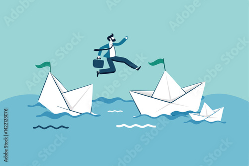 Escape from risk or danger, run away or flee from fail or bankruptcy company, change job or move to new better workplace concept, frustrated businessman jump to escape from sinking ship to better one.