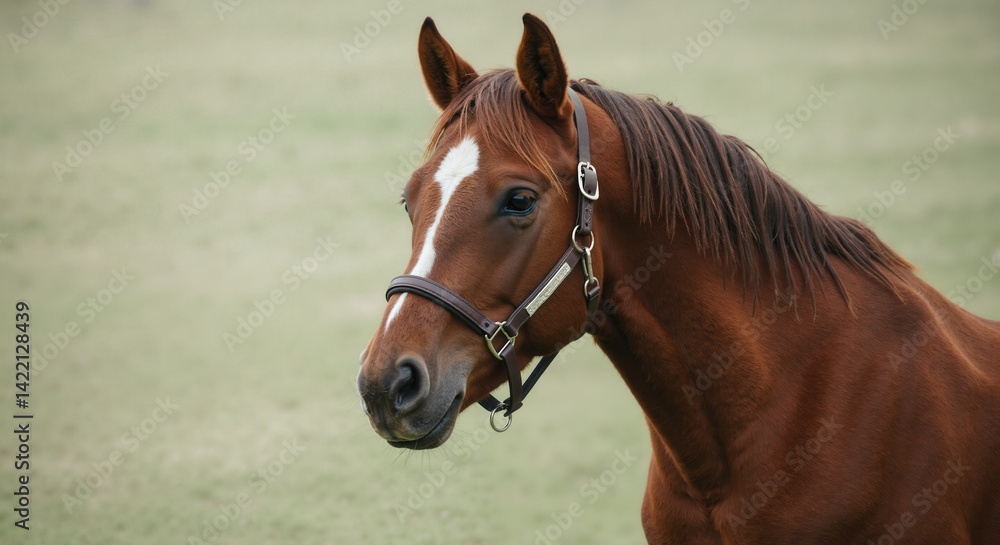 Obraz premium Brown horse standing calmly on green pasture 