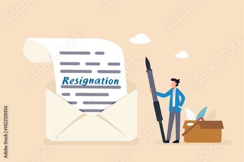 Professional write resignation letter to quit job or inform to leave company, change new job or notify boss, manager of dismissal concept, businessman professional with pen writing resignation email.