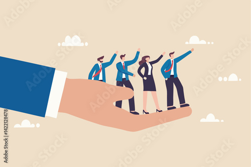 Company culture or employees sharing the same value, goals and attitude to make up organization and corporate success concept, business people employees pointing to the same goal in company hand.