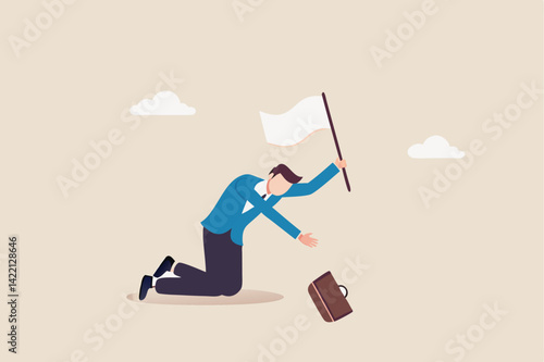 Give up, abandon hope or dream, loser or business failure, fatigue or exhausted from hard work, desperate or hopelessness concept, sad businessman giving up waving white flag asking for help.