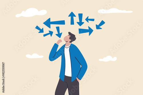 Decision making, decide the right way or choosing options, best alternative or solution to success, business direction or thinking concept, contemplation businessman making decision where to go next.