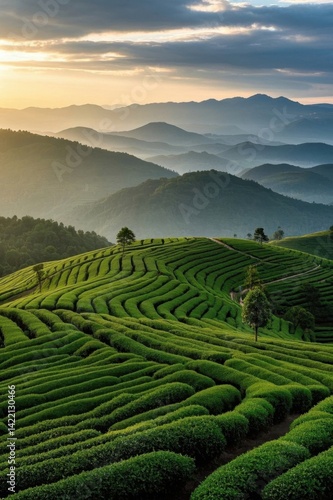 arafed view of a tea plantation in the mountains at sunset