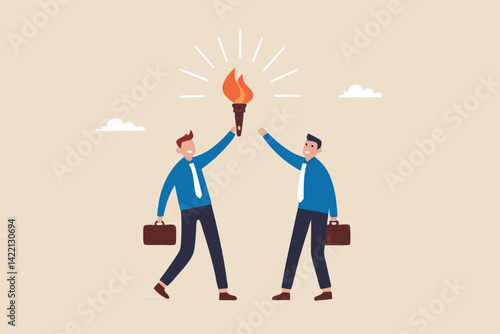 Successor plan, baton pass or transfer to new chosen leader, change new CEO or collaboration to achieve goal and win business competition concept, smart businessman leader passing torch to successor.