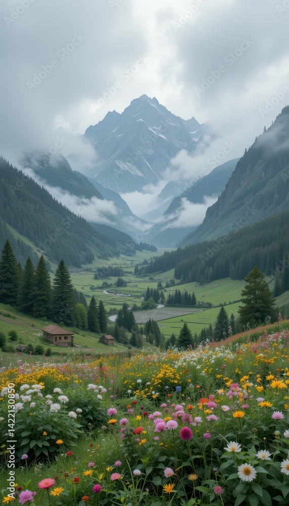 Fototapeta premium Serene Mountain Landscape with Colorful Flowers Under Cloudy Sky