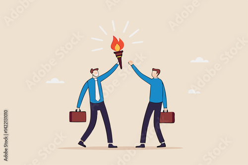 Successor plan, baton pass or transfer to new chosen leader, change new CEO or collaboration to achieve goal and win business competition concept, smart businessman leader passing torch to successor.