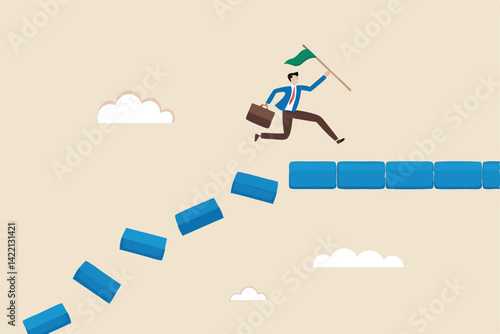 Survive and success in crisis, taking risk to thrive and succeed, courage or confidence to achieve target, effort to overcome challenge concept, businessman jumping on collapse bridge to reach target.