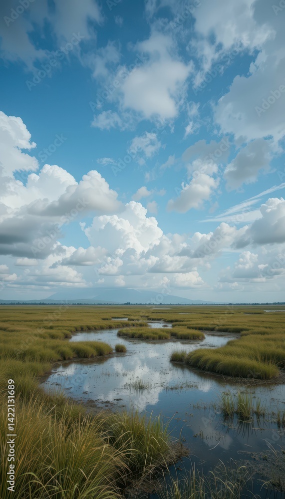 Scenic Marshland with Blue Sky and Fluffy White Clouds at Dusk Scenic Marshland with Blue Sky and Fluffy White Clouds at Dusk